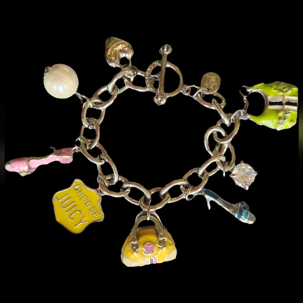 Juicy Couture Silver Tone 8 Charms Bracelet with Yellow and Pink Accents 2008 - Picture 1 of 17
